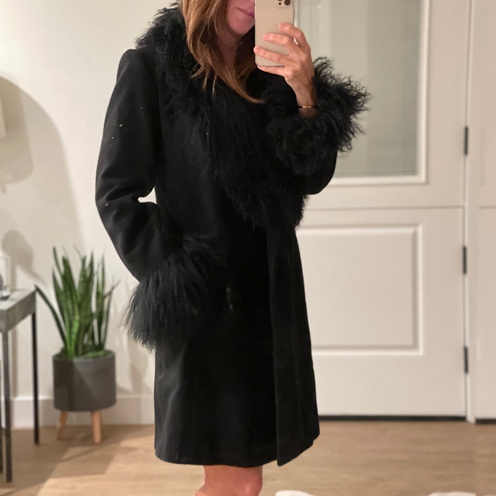 Marvin Richards Long Black Wool Winter Coat with fur trim